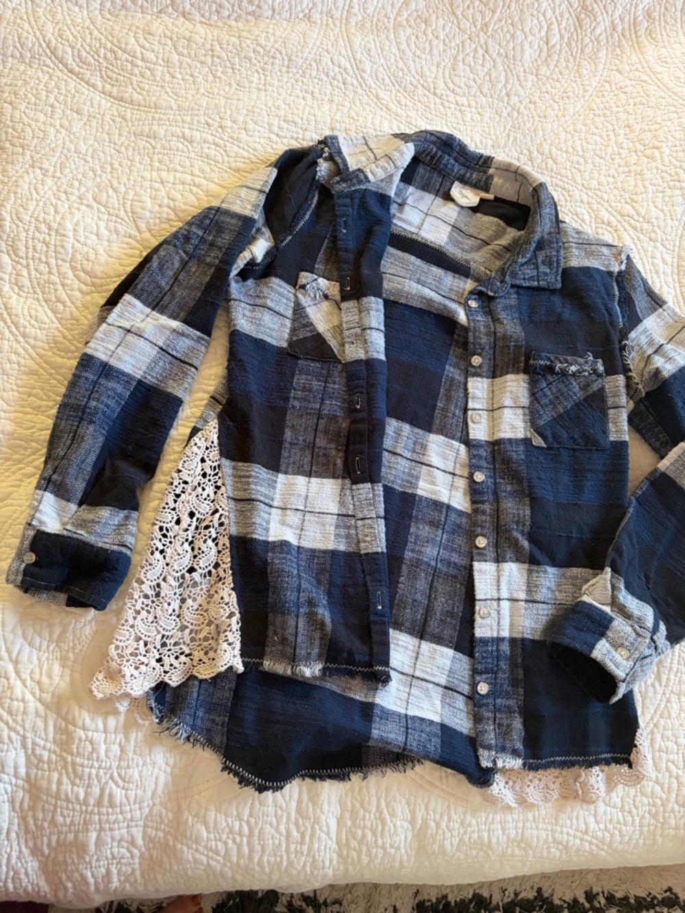100% Cotton Plaid Shirt in Navy and White with Lace Accent